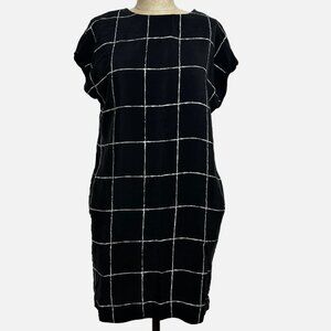 Vince Black Windowpane Grid Silk Shift Dress Pocketed Short Sleeve